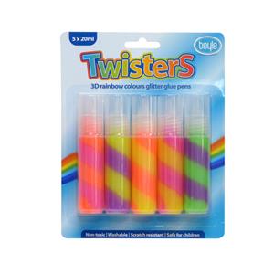 Boyle 20ml Twisters 3D Rainbow Colours Glitter Glue Pens - 5 Pack