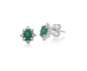 Classic Oval Emerald & Diamond Cluster Stud Earrings in 9ct White Gold