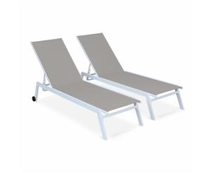 ELSA Set of 2x Sun Loungers in Aluminium and Textilene adjustable with wheels | Exists in 4 COLOURS - White Frame / Taupe Textilene
