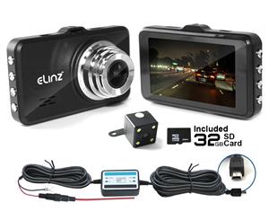Elinz 3" LCD Dash Cam Dual Camera Reversing Recorder WiFi DVR FHD 1296P Car Video 32GB