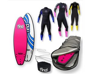 FIND 6Ɔ" TuffPro Thruster PINK Soft Surfboard Softboard + Cover + Leash + Wetsuit Package - Pink