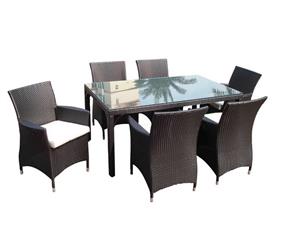Roman 6 Seater Outdoor Wicker And Glass Top Dining Table And Chairs Setting - Outdoor Wicker Dining Settings - Charcoal Wicker with Denim