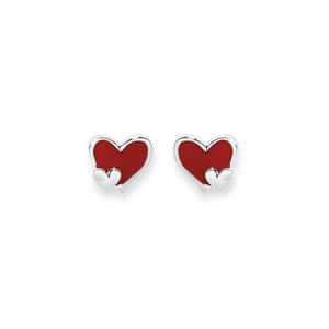 Silver Red Enamel Double Hearts Stud Earrings