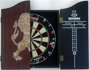 Unicorn Eclipse Pro 2 Dart Board & Winmau Rosewood LION Wooden Cabinet + 6 x Darts