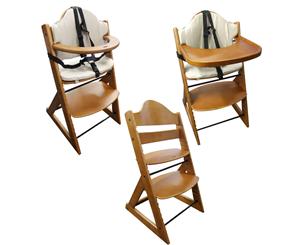 Wooden Baby High Chair 3in1 with Tray and Bar (Teak) - Baby Highchair