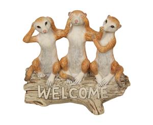 1pce 12cm Wise Meerkats on Log Welcome Resin Garden Decor Cute - Orange
