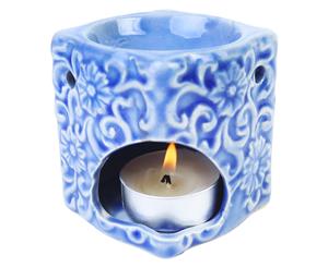 1pce 7.5cm Square Oil Burner with Flower Design Glassed Ceramic - Blue - Blue