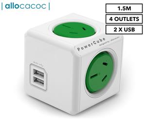Allocacoc 4-Outlet 1.5m Extended PowerCube w/ USB - Green
