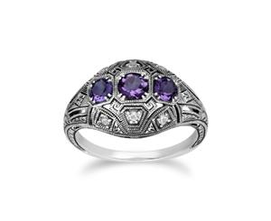 Art Deco Style Round Amethyst & White Topaz Three Stone Ring in 925 Sterling Silver