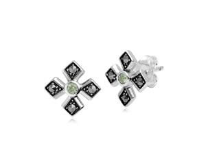 Art Deco Style Round Peridot & Marcasite Gothic Style Cross Studs in 925 Sterling Silver