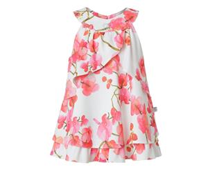 Baby Girl Floral Dress in White & Coral-Pink