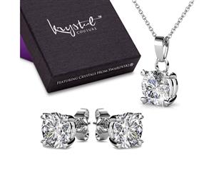 Boxed Solitaire Necklace & Earrings Set Embellished with Swarovski crystals-White Gold/Clear