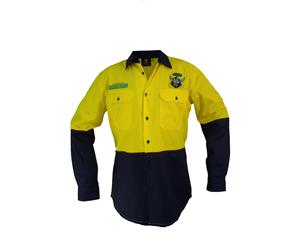 Canberra Raiders NRL LONG Sleeve Button Work Shirt HI VIS YELLOW NAVY