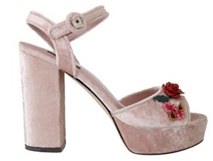 Dolce & Gabbana Pink Velvet Crystal Ankle Sandals