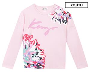 KENZO Girls' Printed Graphic Long Sleeve Tee / T-Shirt / Tshirt - Light Pink