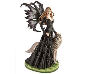 Large Black Fairy Princess with White Wolf Figurine