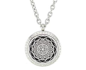 Lotus Flower Mandala Design Aromatherapy Essential Oil Diffuser Necklace - Silver with Crystals 30mm - Free Chain - Valentine's Day Gift