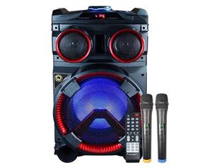 Portable Bluetooth Party Speaker with Flashing Lights Dual Wireless Microphones LG102B