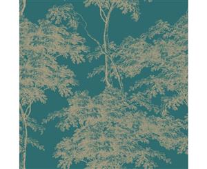 Rasch Eden Forest Trees Wallpaper Teal/Gold (214321)