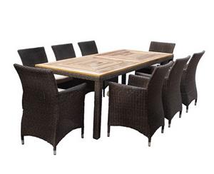 Sahara 8 Seater Rectangle Teak Top Dining Table With Chairs In Half Round Wicker - Outdoor Wicker Dining Settings - Chestnut Brown/Latte cushion