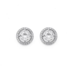 Silver Cubic Zirconia Solitaire With Circle Surround Stud Earrings