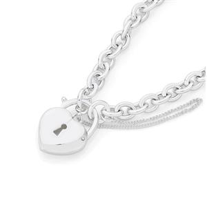 Silver Oval Belcher Puff Heart Padlock Bracelet