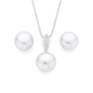 Silver Pave CZ Cultured Freshwater Pearl Pendant and Earrings Set