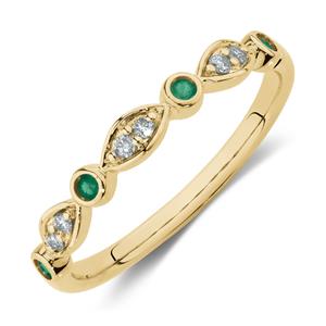 Stacker Ring with Natural Emerald & Diamonds in 10ct Yellow Gold