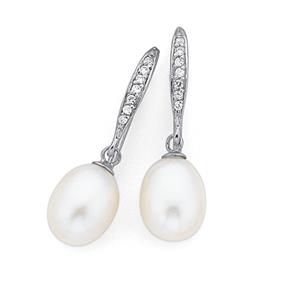 Sterling Silver Freshwater Pearl & Cubic Zirconia Hook Earrings