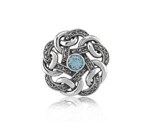 Art Nouveau Style Round Marcasite & Blue Topaz Celtic Style Brooch in 925 Sterling Silver