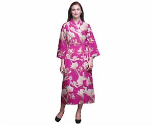 Bimba Floral Leaves & Tazetta Daffodils Cotton Robe Women Lightweight Printed Crossover Robes Bridesmaid Getting Ready Shirt - Fuschia Pink
