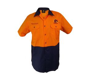 Brisbane Broncos NRL Short Sleeve Button Work Shirt HI VIS ORANGE NAVY