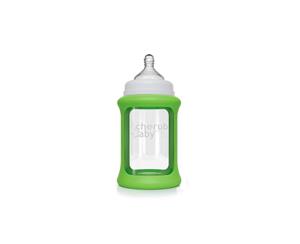 Cherub Baby Glass Single 240ml Bottle with Protective Colour Change Silicone Sleeve - Green