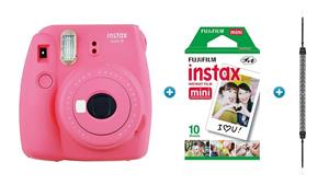 Instax Mini 9 Instant Camera - Flamingo Pink with Aztec Strap & 10 Pack of Film
