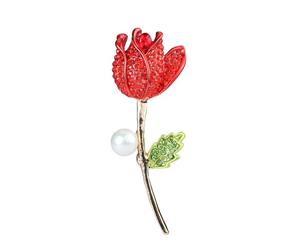 Rose Flower Rhinestone Pearl Brooches Pin - Red