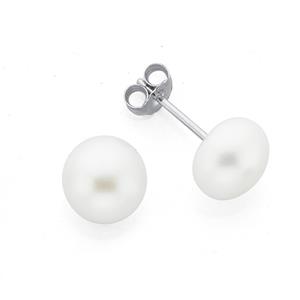 Silver 8mm Button Pearl Stud Earrings