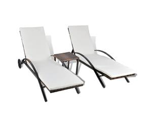 Sunlounger Set 3 Piece Poly Rattan Brown Outdoor Pool Sun Day Bed Seat