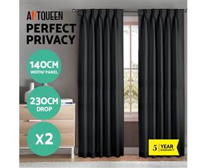 1 Pair Blockout Curtains 2 Panels Blackout Curtain Pinch Pleat Window Draperies Bedroom Living Room Pure Fabric Black 230X140cm