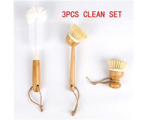 3Pk Bamboo Cleaning Set Handle Scraper Dish Bottle Brush Sponge Pad for Kitchen