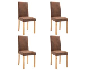 4x Dining Chairs Brown Faux Suede Leather Wood Leg Kitchen Padded Seat