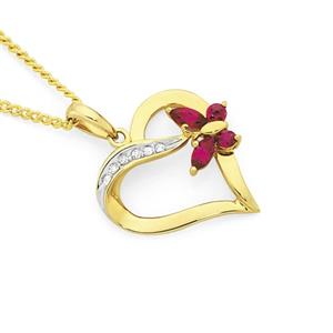 9ct Gold Created Ruby & Diamond Butterfly Open Heart Pendant