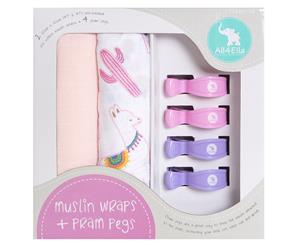 All4Ella 2 Pack Muslin Wraps & 4 Pack Pram Pegs Gift Set - Alpaca Pink