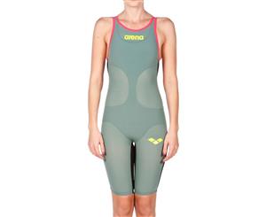 Arena Womens Powerskin Carbon Air Full Body Short Leg Open Back Dark Green/Fluo Red