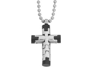 Bevilles Stainless Steel Silver and Black Mens Cross Necklace 55cm