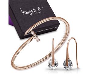 Boxed Modern Bangle & Earrings Set Embellished with Swarovski crystals-Rose Gold/Clear