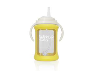 Cherub Baby - Wide Neck Glass Straw Cup with Colour Change Sleeve 240ml  Yellow