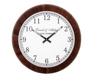 DANIEL & ASHLEY LEATHER COLLECTION Medium 46cm Wall Clock - Brown Surround with White Face