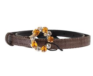 Dolce & Gabbana Brown Straw Leather Crystal Buckle Belt