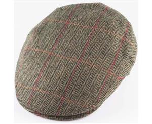 Harris Tweed Flat Hat Wool Country Driving Fishing Cap Linney - Mid Olive/red - Mid Olive/Red