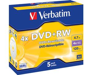 VDVD+RW5 VERBATIM 5Pk DVD+Rw In Jewel Case 1-4X 4.7Gb Verbatim Type DVD+Rw Re-Writeable 5PK DVD+RW IN JEWEL CASE
